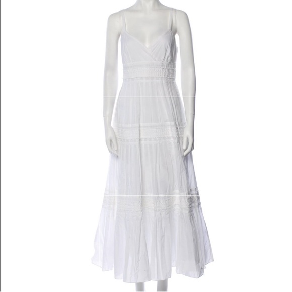 Lauren by Ralph Lauren V-Neck White Cotton Pleated Ruffle Accents Maxi Dress - Picture 2 of 8